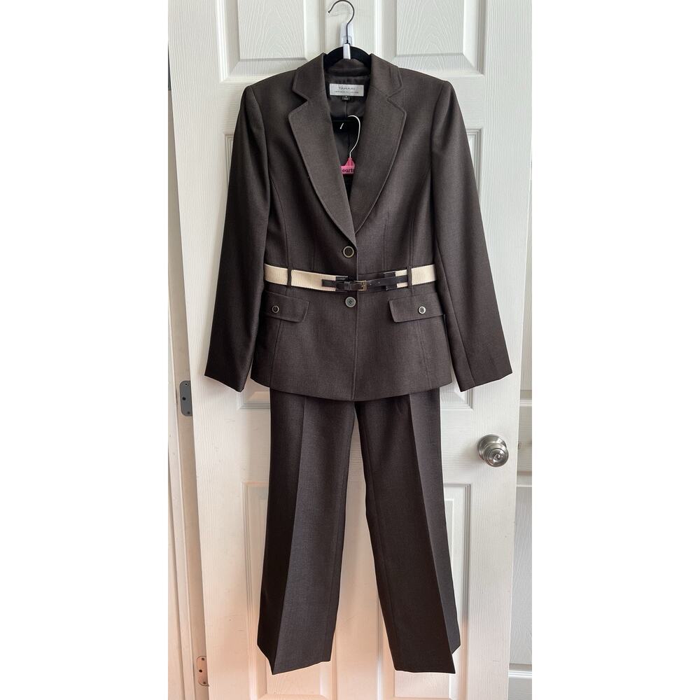 TAHARI Women's Brown Tweed 2 Piece Belted Jacket Wide Leg Pants Set Safari Sz 8